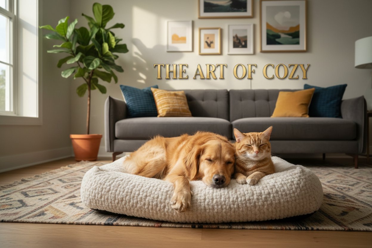 need an image of dog and cat sitting on a comfort and also wirte in bold letters the THE ART OF COZY and some soffa and decoration on the back ground
